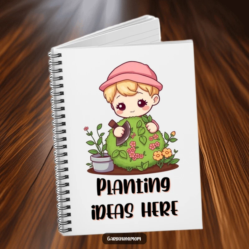 Funny Kawaii Gardener Notebook: Adorable character gently pruning a bush with focus, ideal for jotting garden ideas.