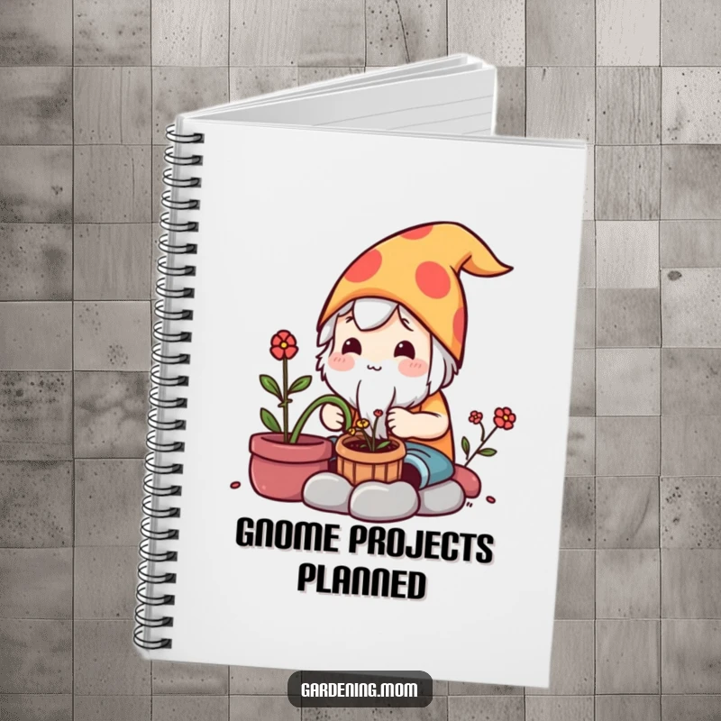 Funny Notebook: A kawaii gardening character carefully crafts a small garden gnome, perfect for your ideas.