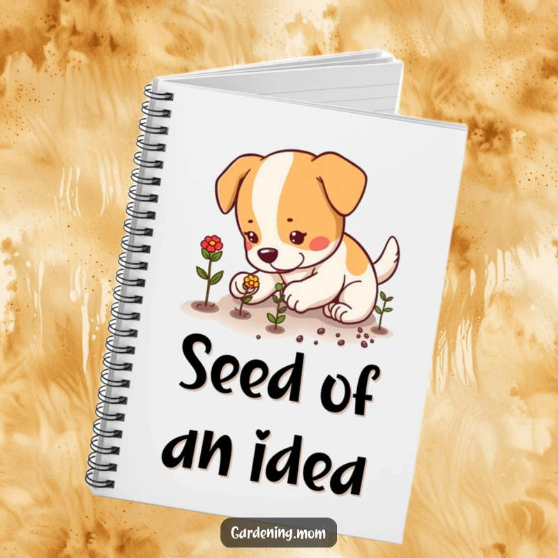 Funny dog carefully planting seeds with small, focused paws, a lined notebook for writing, gardening plans, funny gift.