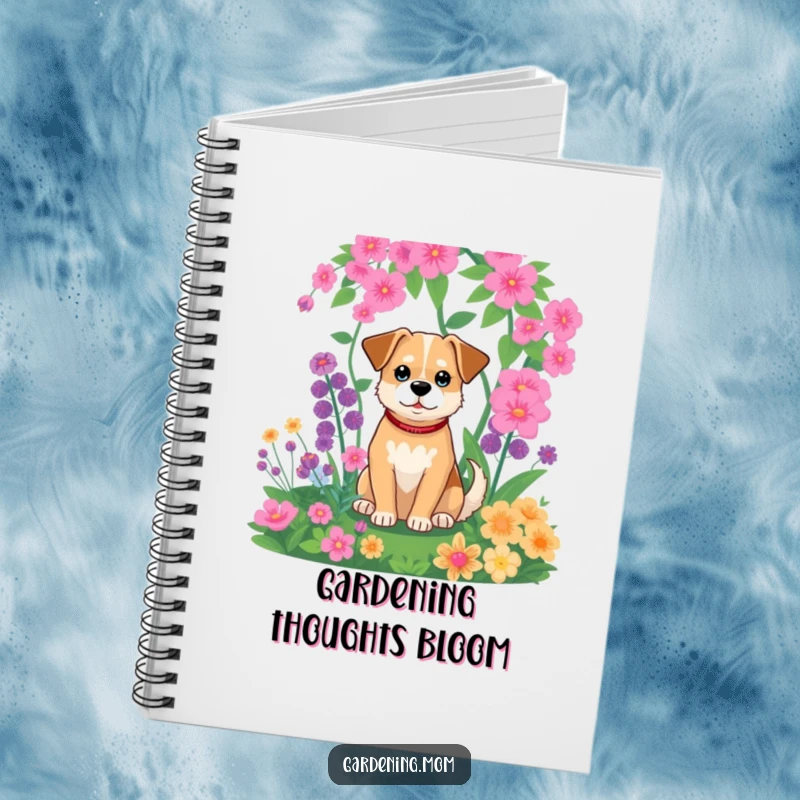 Funny notebook featuring a relaxed dog sitting contentedly in a vibrant garden, surrounded by lush greenery.