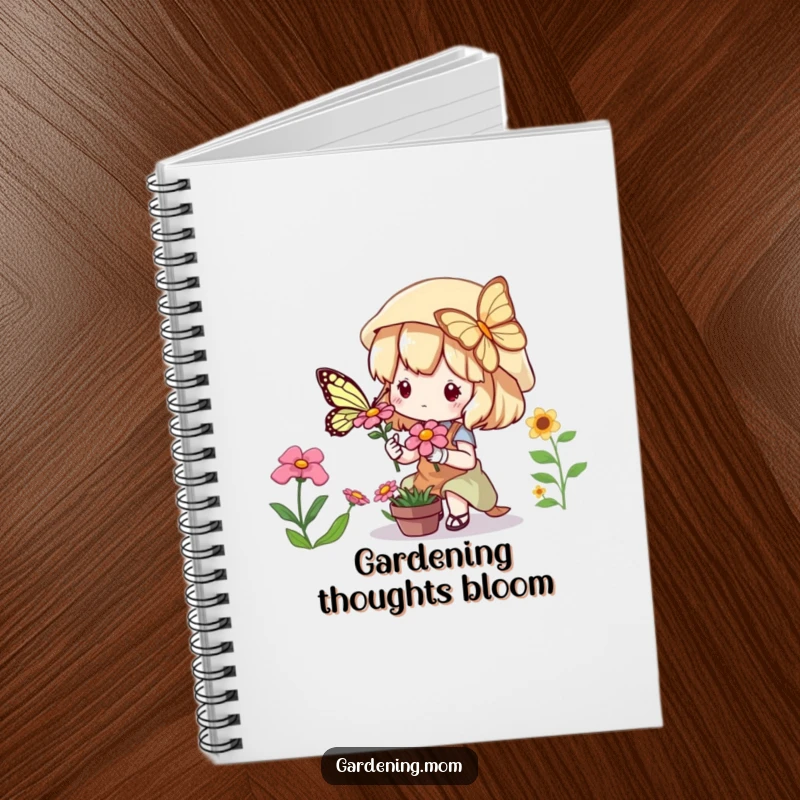 Funny Notebook: A cute kawaii gardening character admiring a butterfly on a flower, ideal for writing.