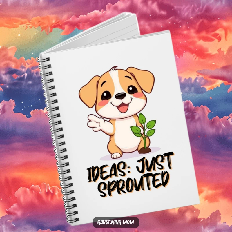Funny notebook with a proud dog smiling, gesturing towards a newly sprouted seedling, perfect for garden notes.