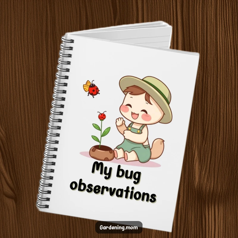 Funny gardening mom animal notebook cover: an animal mom giggling while gently petting a ladybug, a moment of nature's joy.