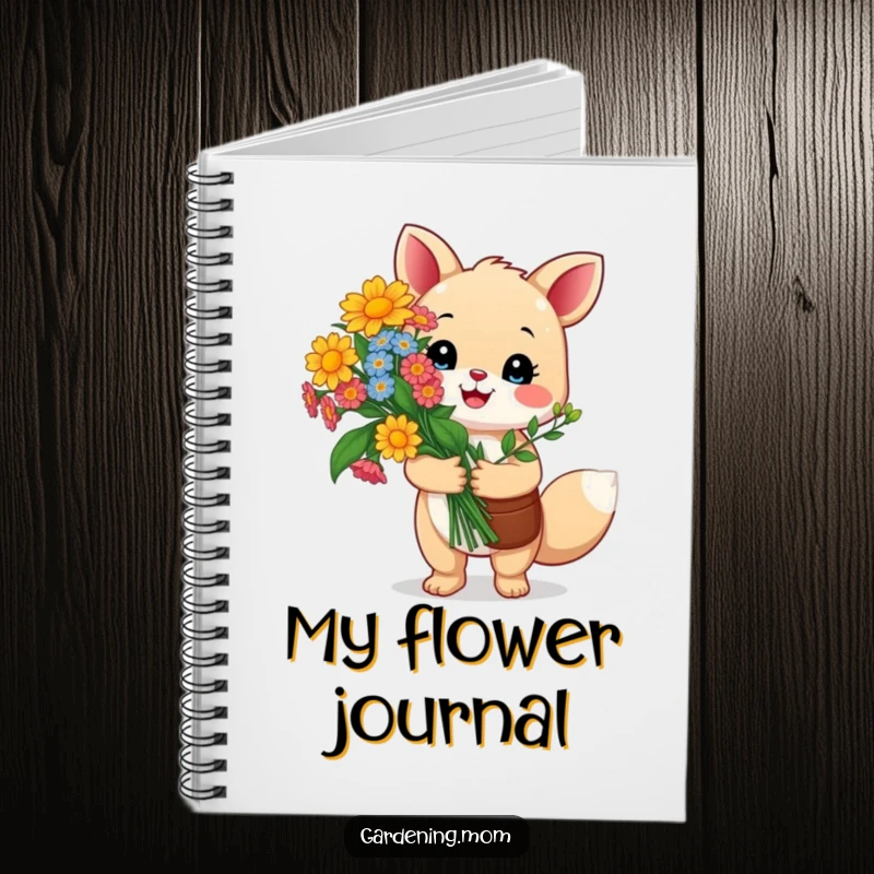 Funny gardening animal notebook: a happy critter proudly holds a vibrant bouquet of colorful flowers, inspiring notes with a sense of accomplishment.