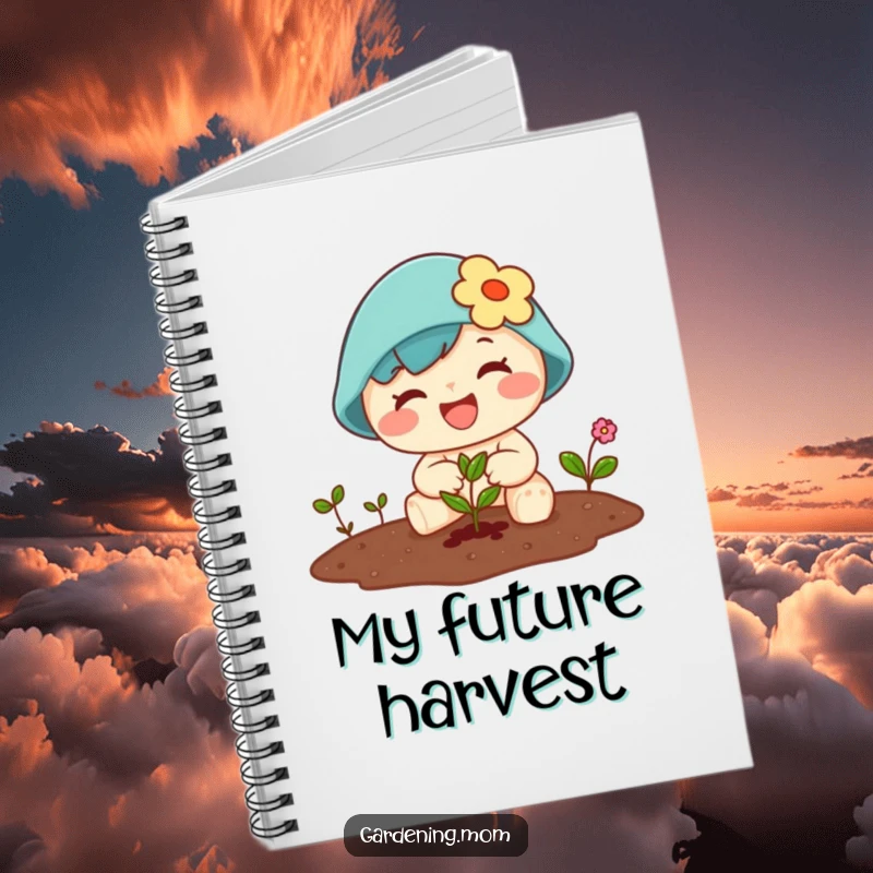 Funny Kawaii gardener notebook featuring a character joyfully planting a tiny seed, with space for notes.