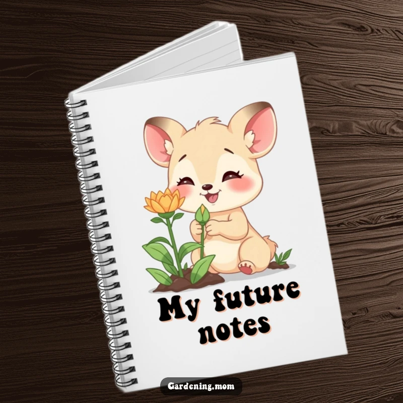 Funny notebook with a cute gardening mom animal excitedly examining a new bud, perfect for journaling plant progress and ideas.