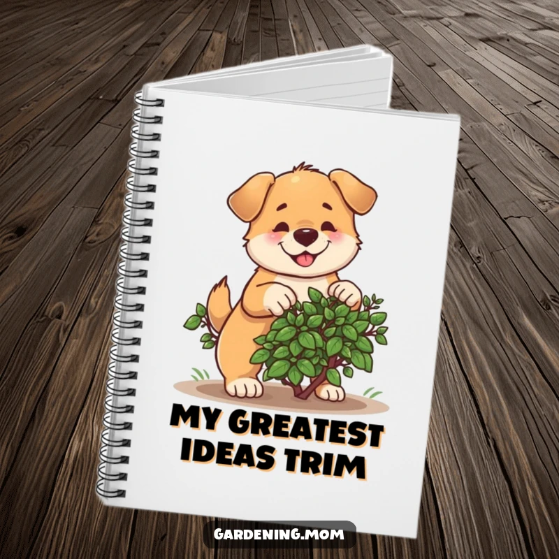 Funny notebook with a determined dog cheerfully pruning a bush, perfect for jotting down gardening plans and ideas.