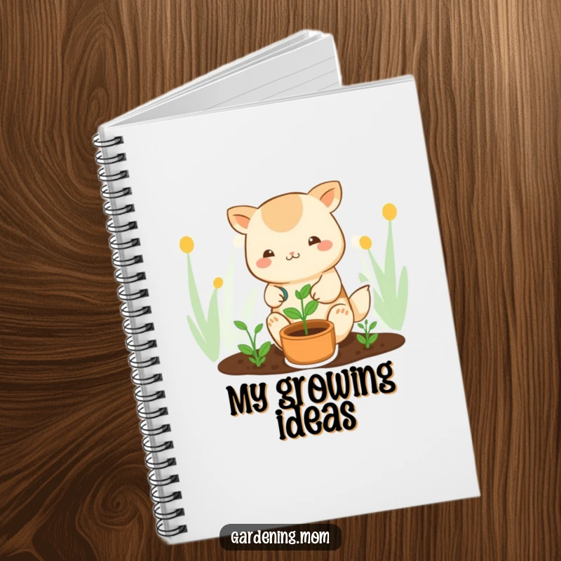 Funny kawaii gardening notebook featuring a cute animal character watering a sprout, ideal for jotting down nurturing and cute ideas.