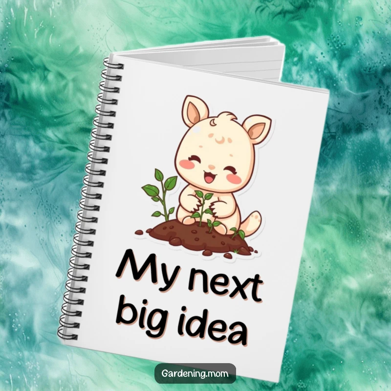Funny notebook cover with a joyful animal character planting seeds, perfect for garden plans and thoughtful reflections.