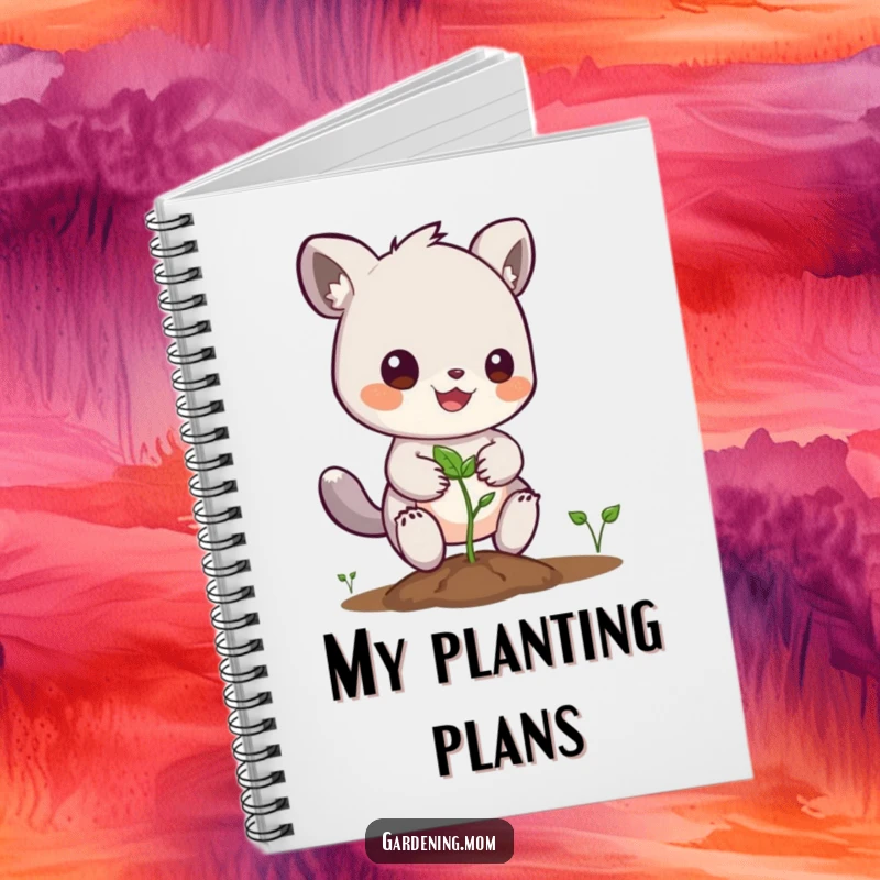 Funny notebook with a cheerful gardening animal character planting a seed, perfect for gardening plans and ideas.