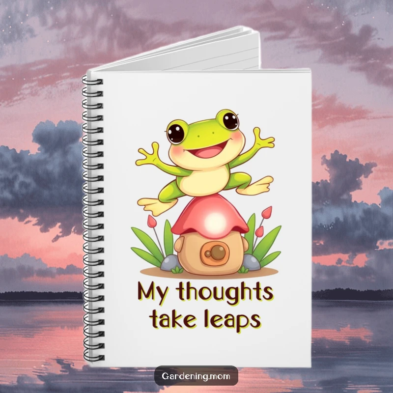Funny Frog notebook with a cover showing a playful frog jumping over a garden gnome, ideal for jotting down fun notes.