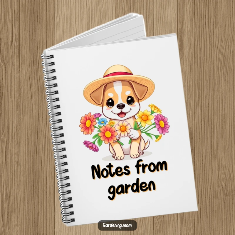 Funny dog wearing a sun hat and holding flowers, a lined notebook for writing, full of summer joy, funny gift.