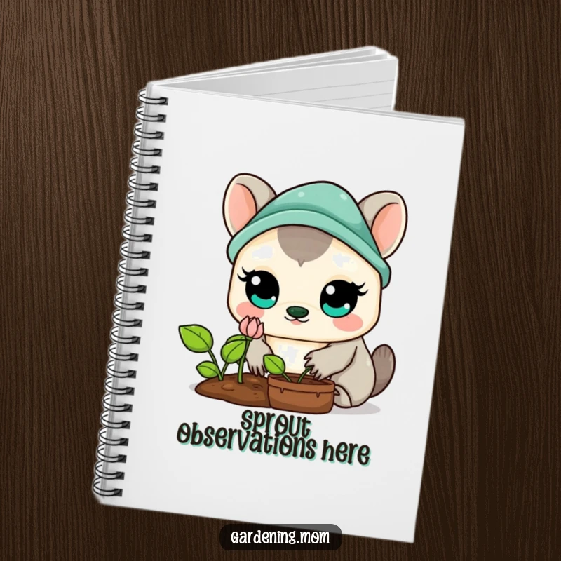 Funny Kawaii Gardening Animal Notebook: A cute animal with large eyes gazing at a sprout, ideal for notes, sketches, and creative thoughts.