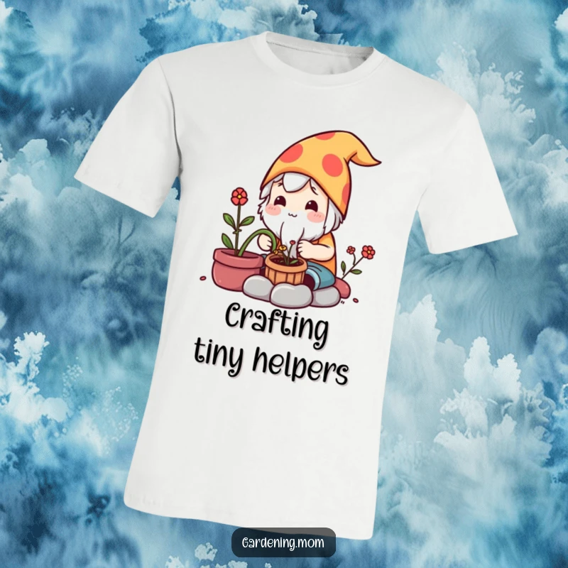 Funny T-Shirt: A cute kawaii gardening character carefully makes a small garden gnome, showing concentration.