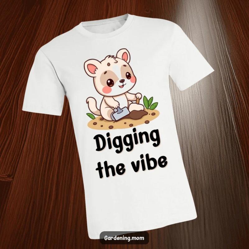 Funny t-shirt with a lively animal character digging vigorously in soil using a trowel, embodying garden enthusiasm.