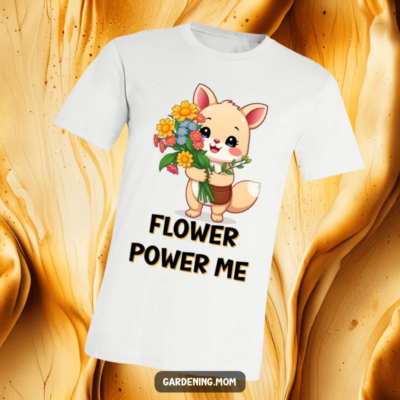 Funny gardening animal t-shirt: a happy critter proudly holds a vibrant bouquet of colorful flowers, radiating joy and accomplishment.