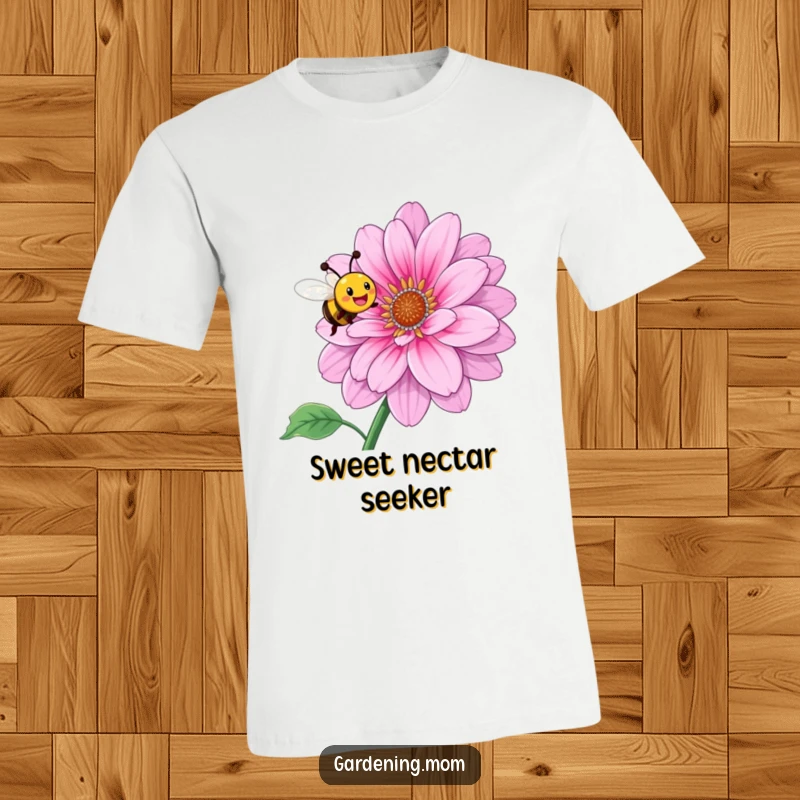 Funny T-Shirt: A smiling bee happily buzzing in circles around a giant, flourishing flower, showcasing pure bliss.