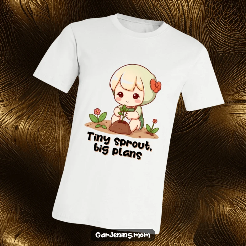 Funny t-shirt with a cute gardening character gently planting a tiny seed, showcasing a tender moment of growth and nature's beauty.