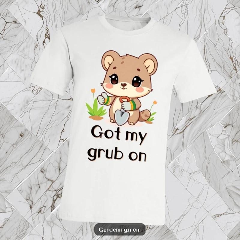 Funny T-Shirt: An animal character in gardening gloves holding a shovel, poised to start planting.