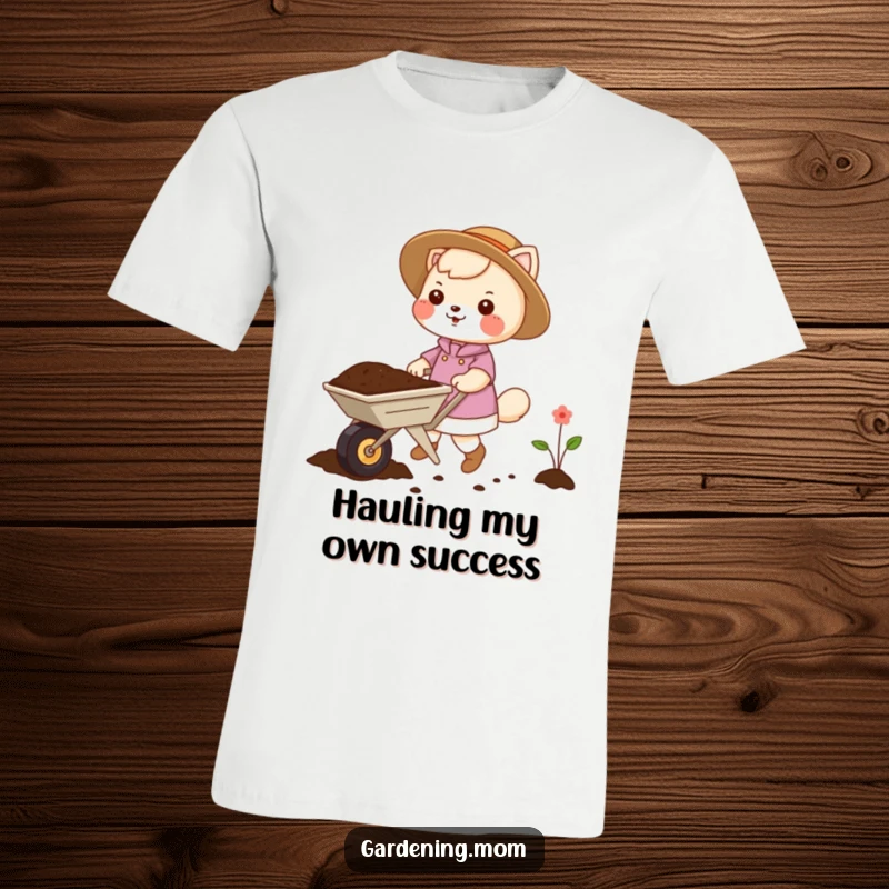 Funny gardening mom animal t-shirt design: an animal mom pushing a small wheelbarrow loaded with soil, ready for planting.