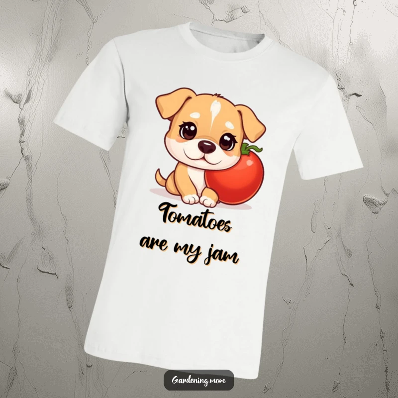 Funny mama dog t-shirt with curious eyes, peeking from behind a plump tomato, highlighting a love for home-grown goodness.