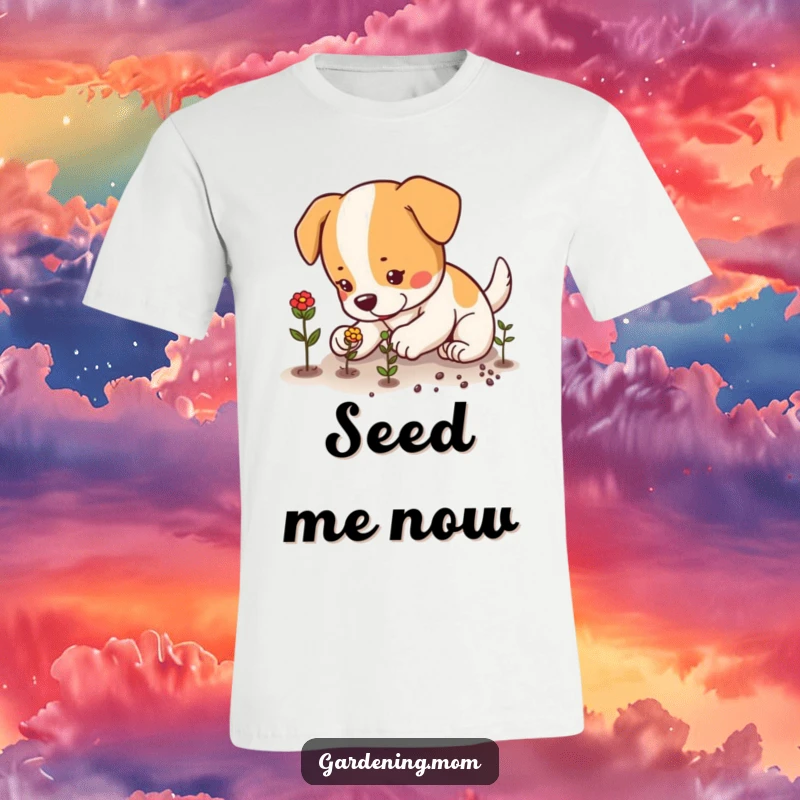 Funny dog carefully planting seeds with small, focused paws, dedicated gardener, humorous apparel, great funny gift.