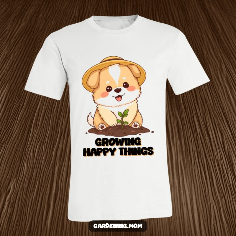 Funny Mama Dog Gardener T-Shirt: A fluffy dog wearing a sun hat plants a seedling, embodying joyful gardening.