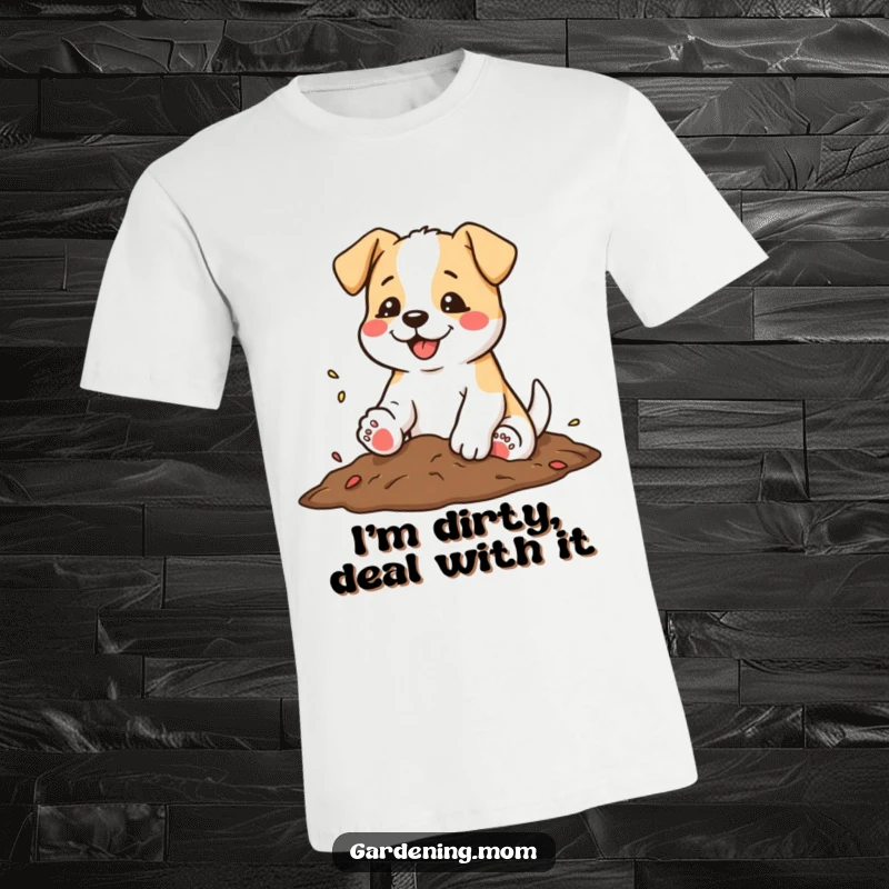 Funny t-shirt featuring a dog shaking soil from its paws with a satisfied wag, enjoying the fruits of labor.