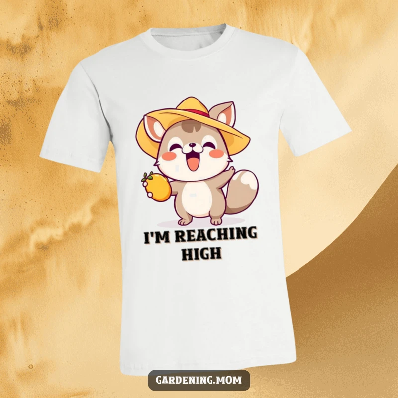 Funny t-shirt with an excited animal wearing a sun hat, stretching to grab a piece of fruit, capturing summer excitement.