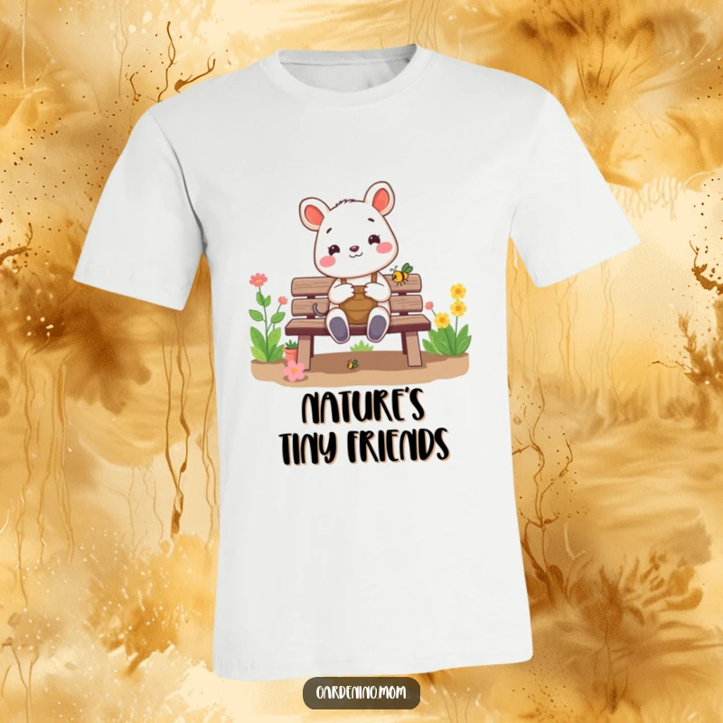 Funny gardening animal t-shirt: a cheerful critter sits on a garden bench, happily admiring a small bug, celebrating the wonders of nature.