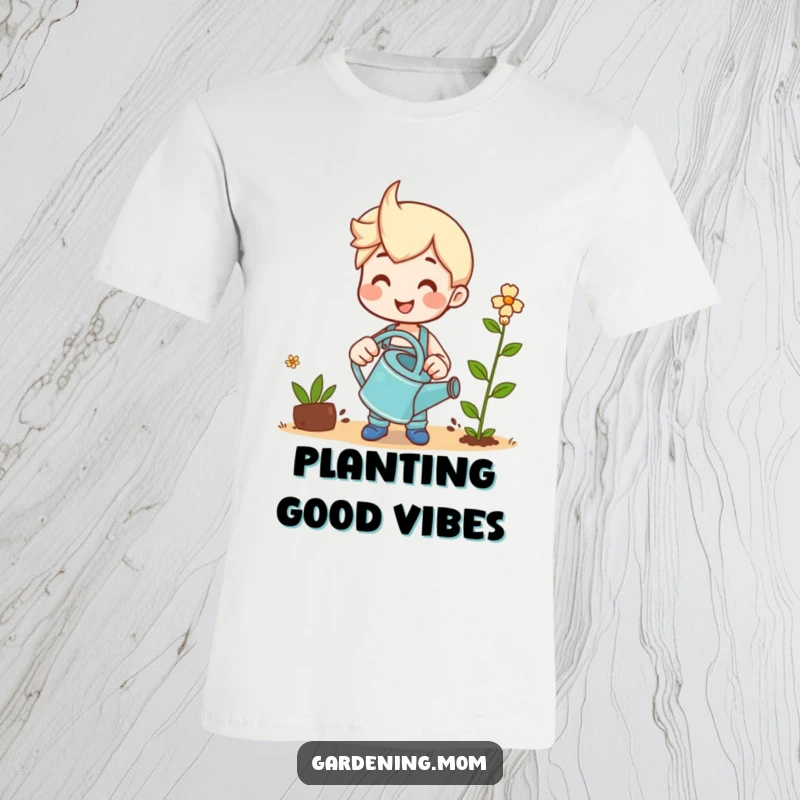 Funny t-shirt illustration of a happy gardener with a watering can, smiling at a new sprout.
