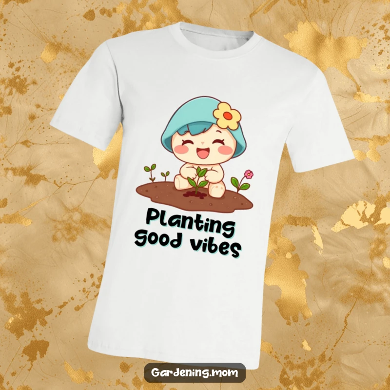 Funny Kawaii gardening t-shirt featuring a character joyfully planting a tiny seed, dirt on nose.