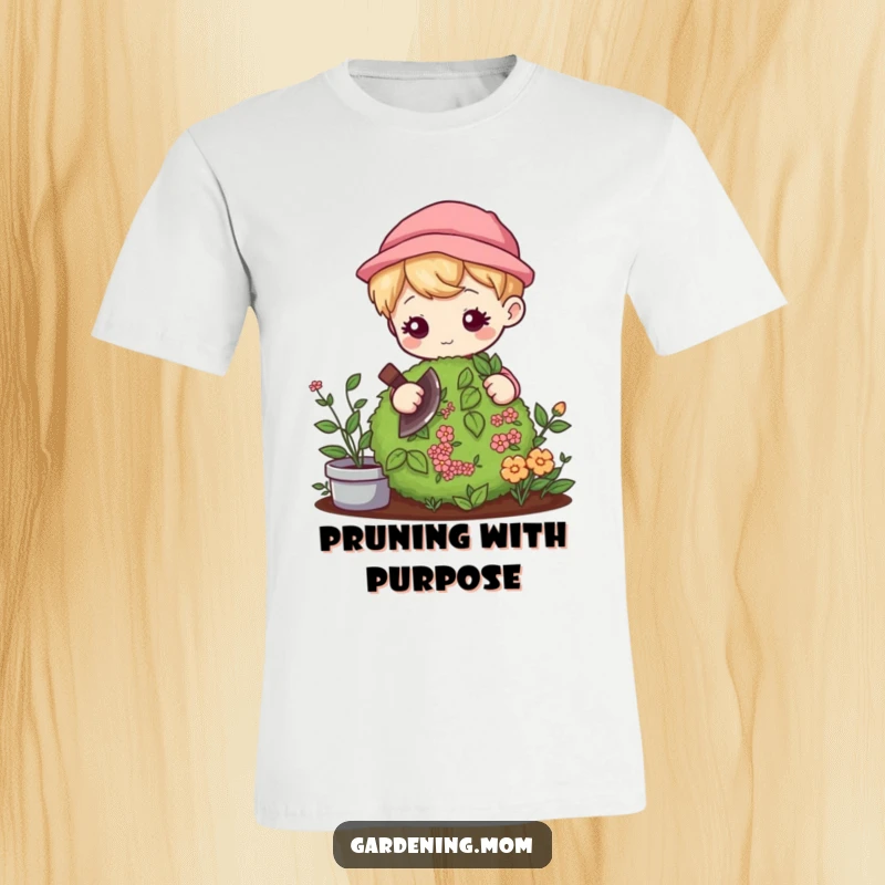 Funny Kawaii Gardener T-Shirt: Adorable character gently pruning a bush with focus, perfect for a funny gift.