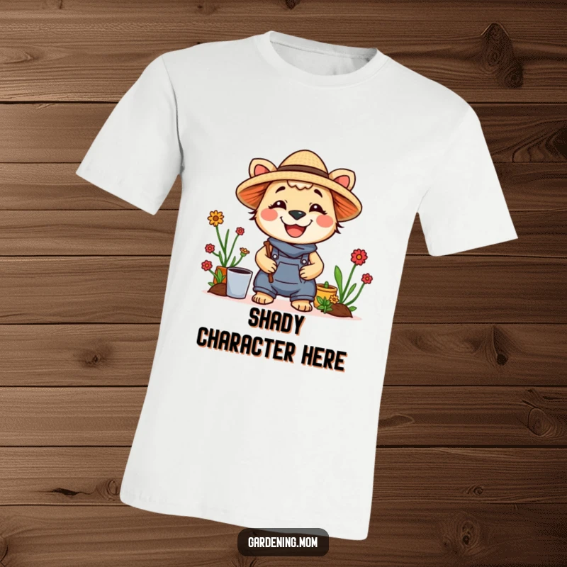 Funny t-shirt depicting a joyful gardening mom animal wearing a straw hat and a wide smile, exuding happiness.