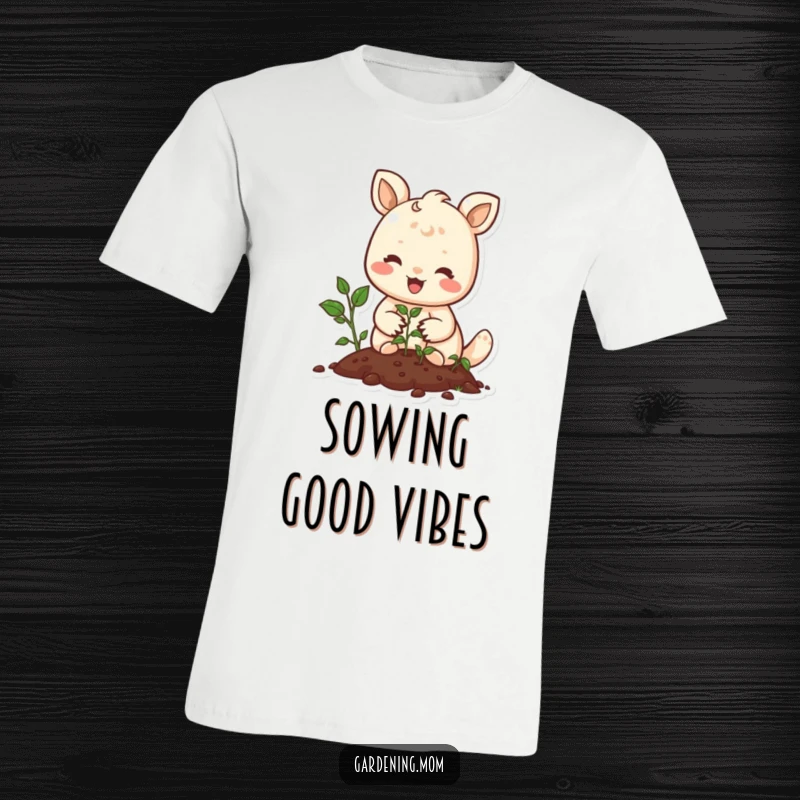 Funny t-shirt with a joyful animal character smiling gently while planting seeds, showcasing a love for growth.