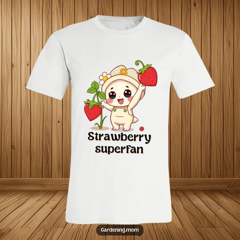 Funny T-Shirt: A kawaii gardening character joyfully stretches to pluck a ripe strawberry from a plant.