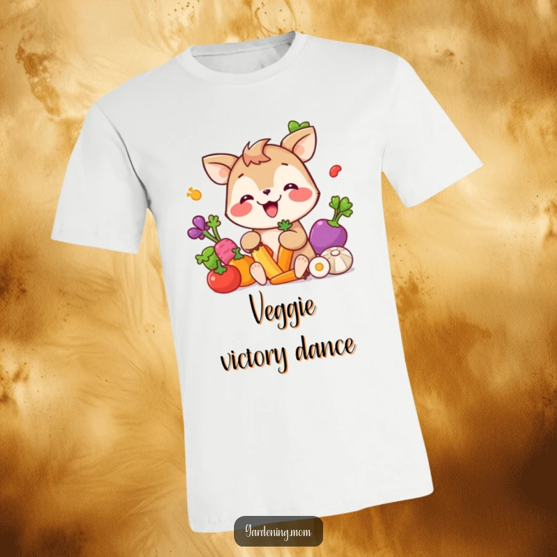 Funny T-Shirt: A giggling animal character joyfully picking colorful vegetables, showcasing a happy harvest.