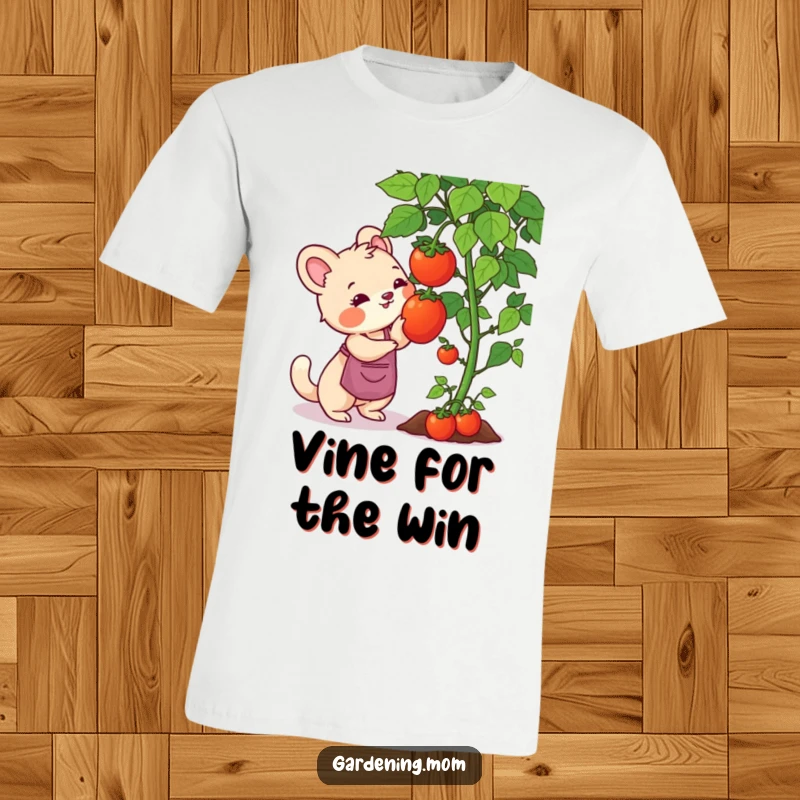 Funny gardening mom animal t-shirt design: an animal mom reaching high on a vine to pluck a juicy, ripe tomato.