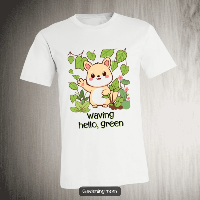 Funny Kawaii Gardening Animal T-Shirt Waving Cheerful Hello Amidst Lush Leafy Greens, Playful Design.
