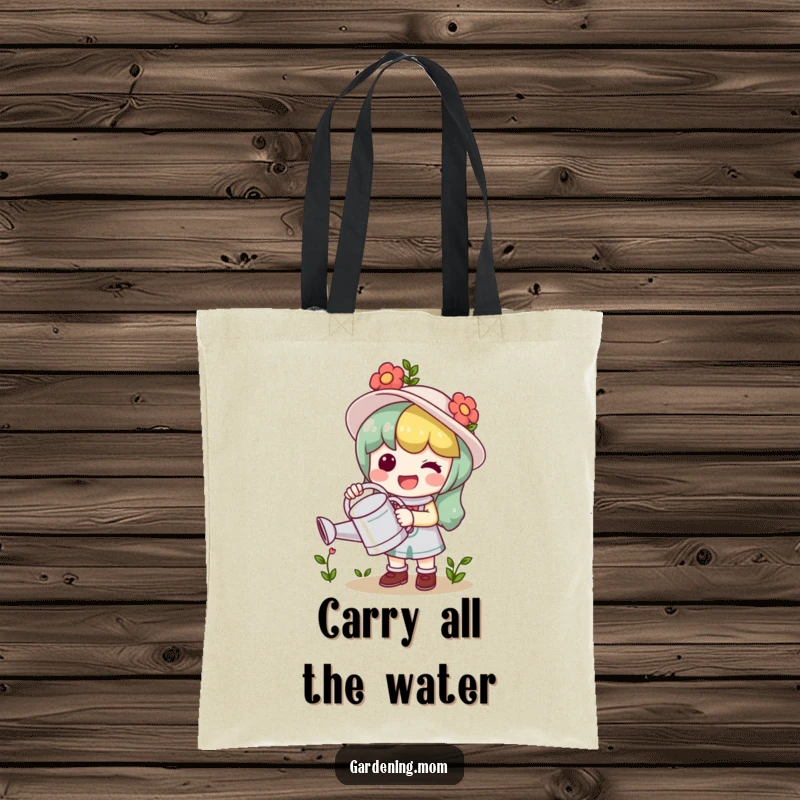 Funny Tote Bag: A kawaii gardening character delightedly holds a watering can, perfect for errands.
