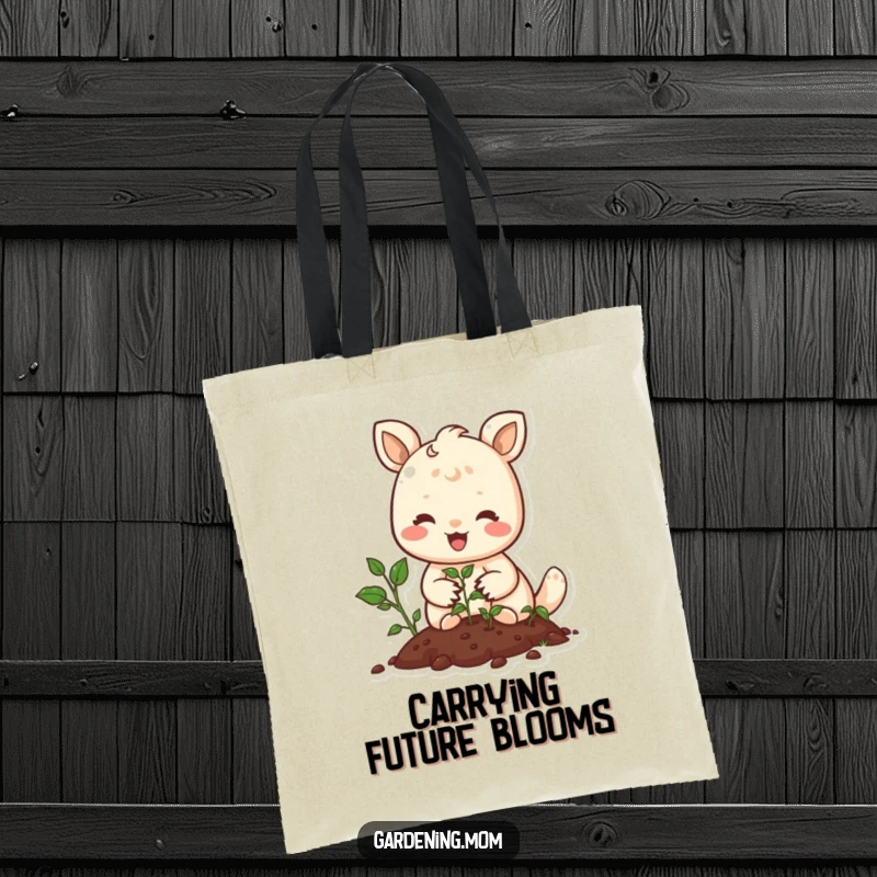 Funny tote bag with a joyful animal character planting seeds, perfect for carrying gardening supplies with a serene touch.