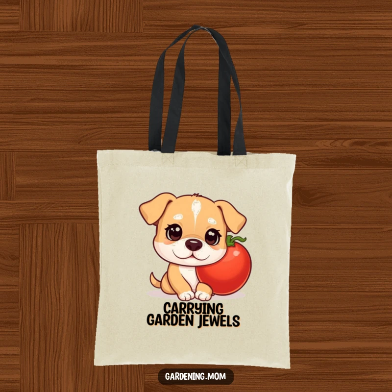 Funny mama dog tote bag with a curious pup peeking from behind a ripe tomato, celebrating the joy of gardening.