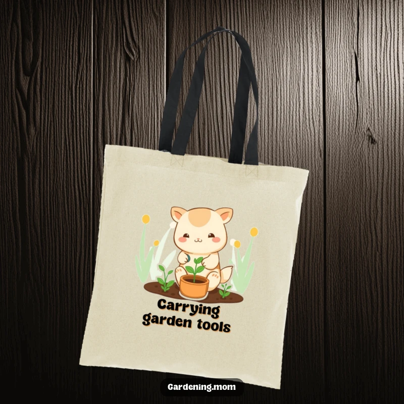 Funny kawaii gardening tote bag with a cute animal character watering a sprout, perfect for carrying essentials with charm.