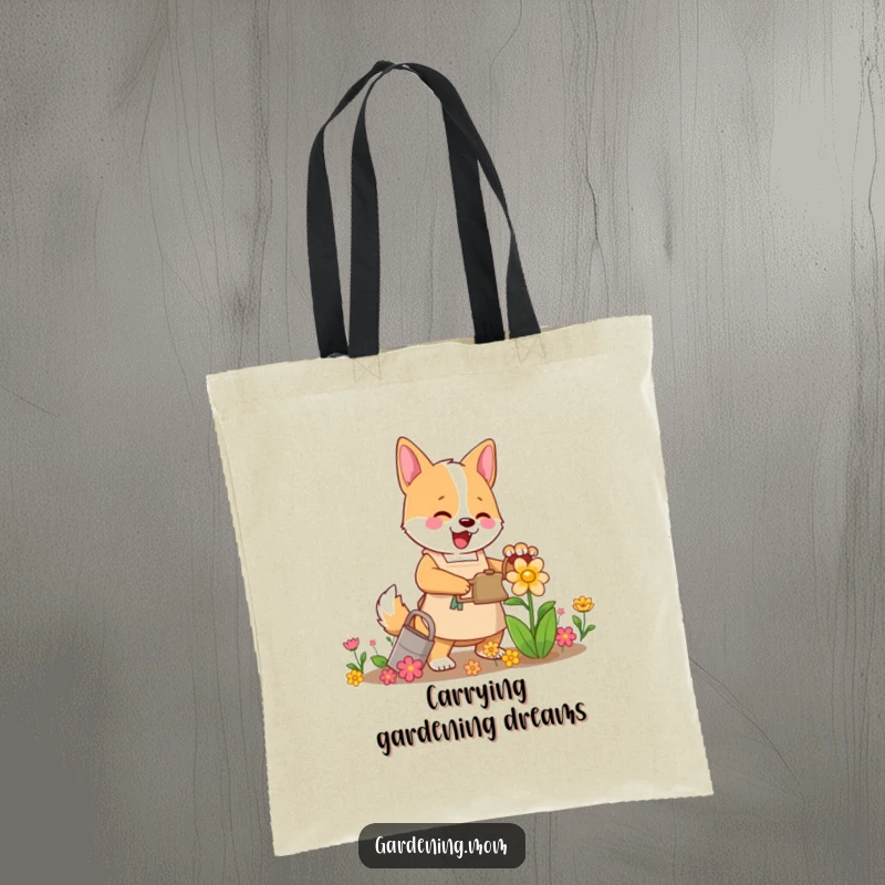 Funny Mama Dog Gardener Tote Bag: A mama dog in an apron happily waters a vibrant flower, ideal for carrying garden supplies.