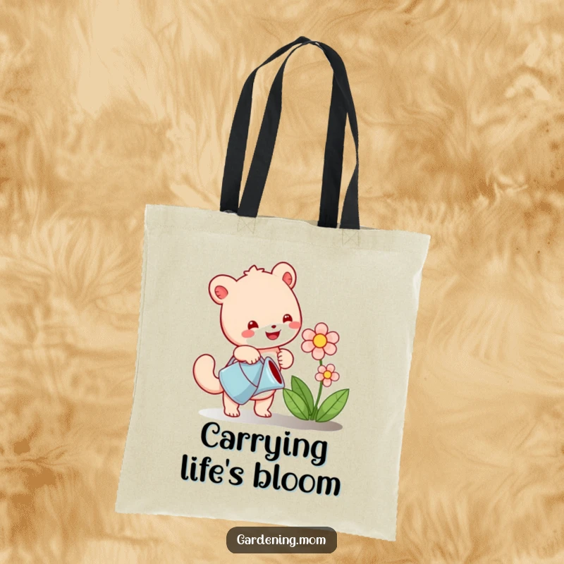 Funny tote bag designed with a happy animal character watering a vibrant flower, symbolizing growth and cheer for everyday use.