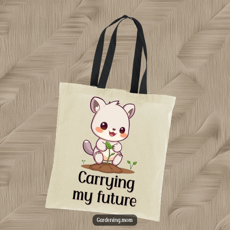 Funny tote bag depicting a happy gardening animal character planting a small seed, symbolizing new growth.