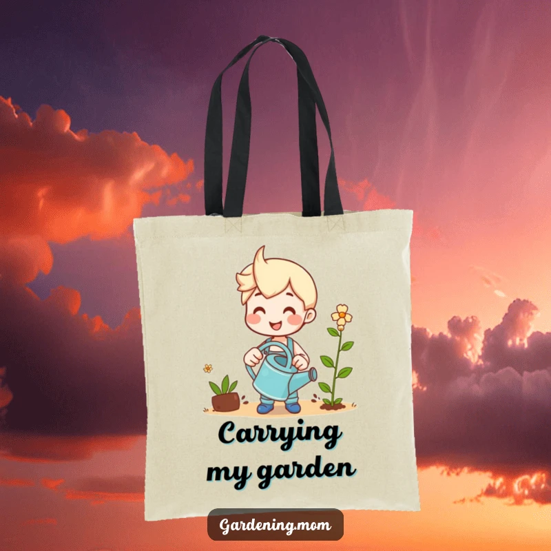 Funny tote bag depicting a happy gardener with a watering can, smiling lovingly at a growing sprout.