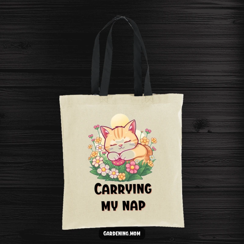 Funny Cat tote bag showcasing a contented cat sleeping peacefully in a sunny flower bed, ideal for carrying items with charm.