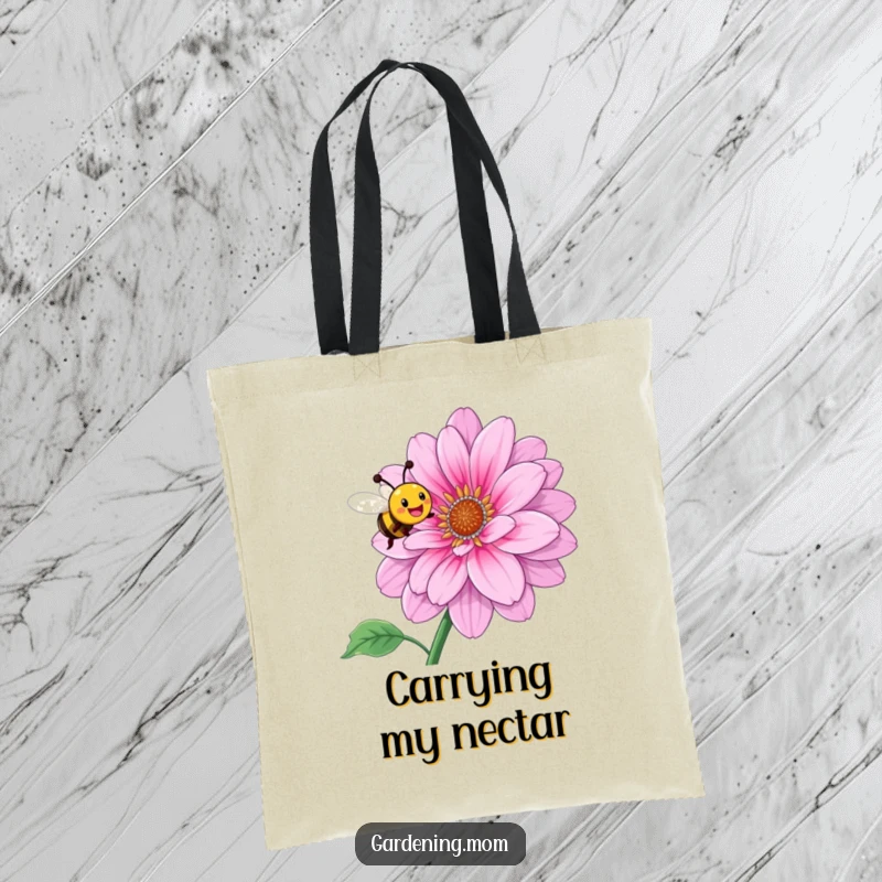 Funny tote bag featuring a smiling bee enthusiastically buzzing around a large, blooming flower, perfect for carrying essentials.