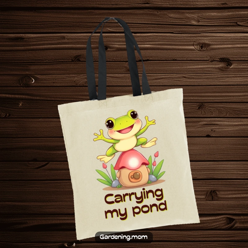 Funny Frog tote bag showcasing a playful frog jumping over a garden gnome, ideal for carrying items with a smile.